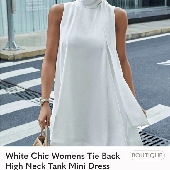 White Chic Womens Tie Back High Neck Tank Mini Dress - Picture 5 of 7